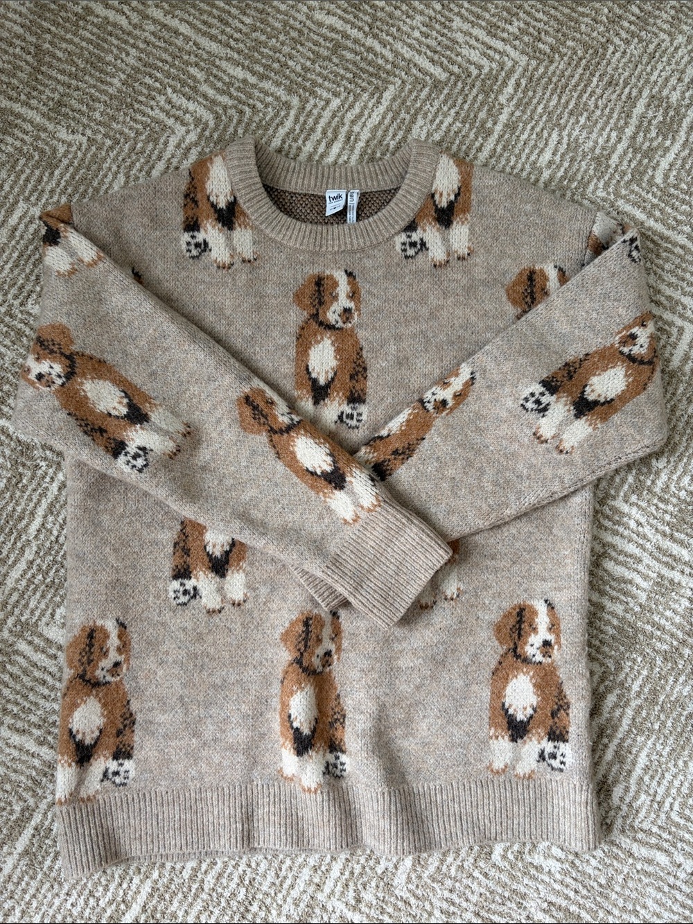 twik Beige Puppy Pattern Crewneck Sweater
